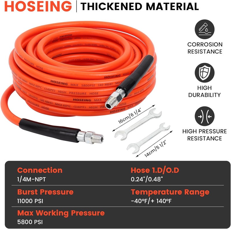 HOSEING 70FT Pressure Washer Sewer Jetter Kit, 5800 PSI Water Jet Drain Cleaner Hose with Corner Rotating Button Nose Nozzle, 1/4 Inch NPT, Sewer Jetter Nozzles Kit with Spanner Handle Strap - Image 2